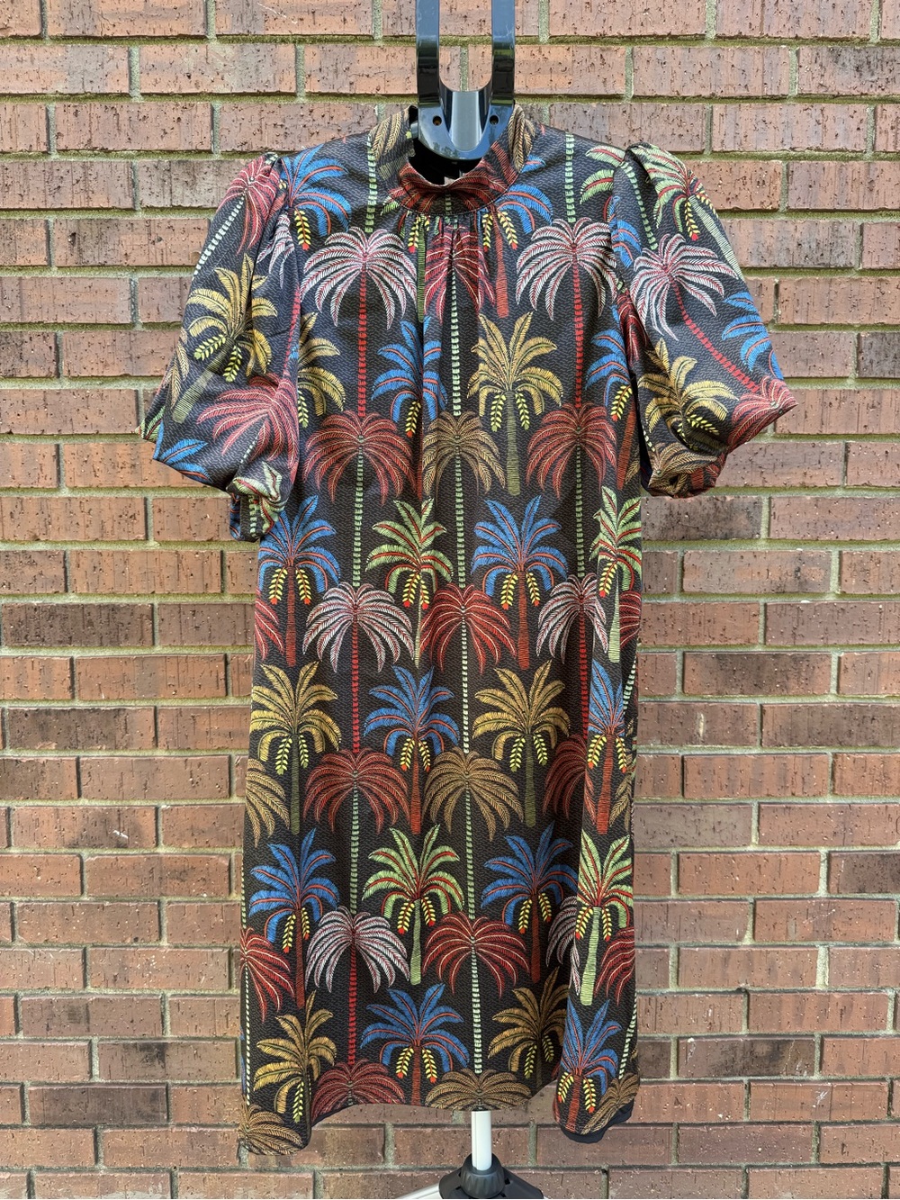 Marie by Victoria Dunn Giselle Noir Palm Satin Puff Sleeve Shift Dress Size XS